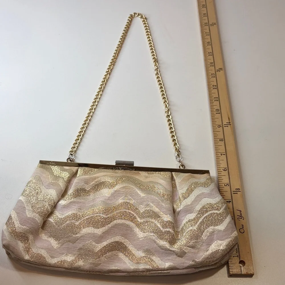 Lilly Pulitzer Gold Shimmer Cream Pink Clutch Bag w golden chain
